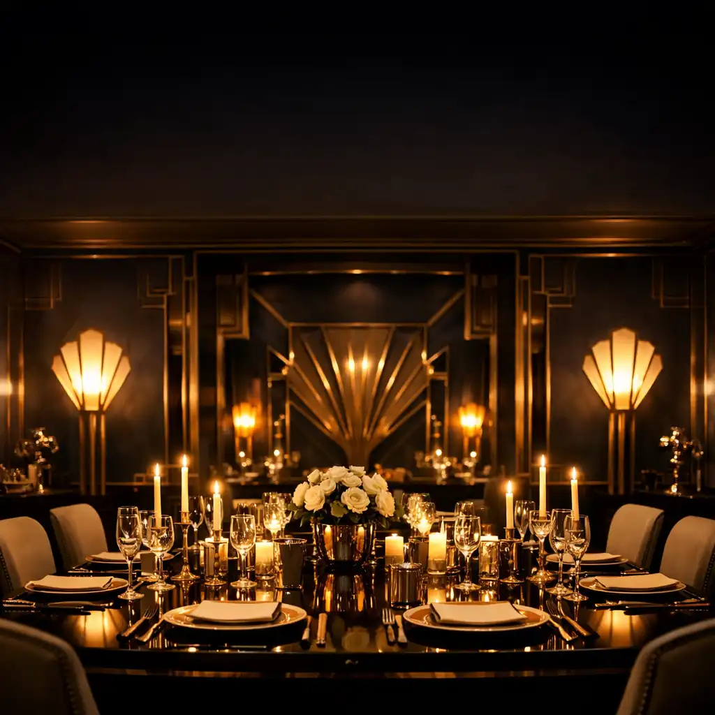 Art Deco dining room at Sorteeouro with dark charcoal walls and gold geometric accents