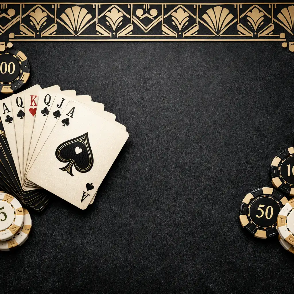 Stylized flat lay of fanned playing cards and poker chips on a dark Art Deco surface