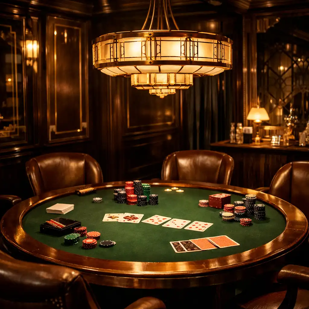 Art Deco card lounge with a round poker table, green felt, playing cards, and clay chips under a brass chandelier