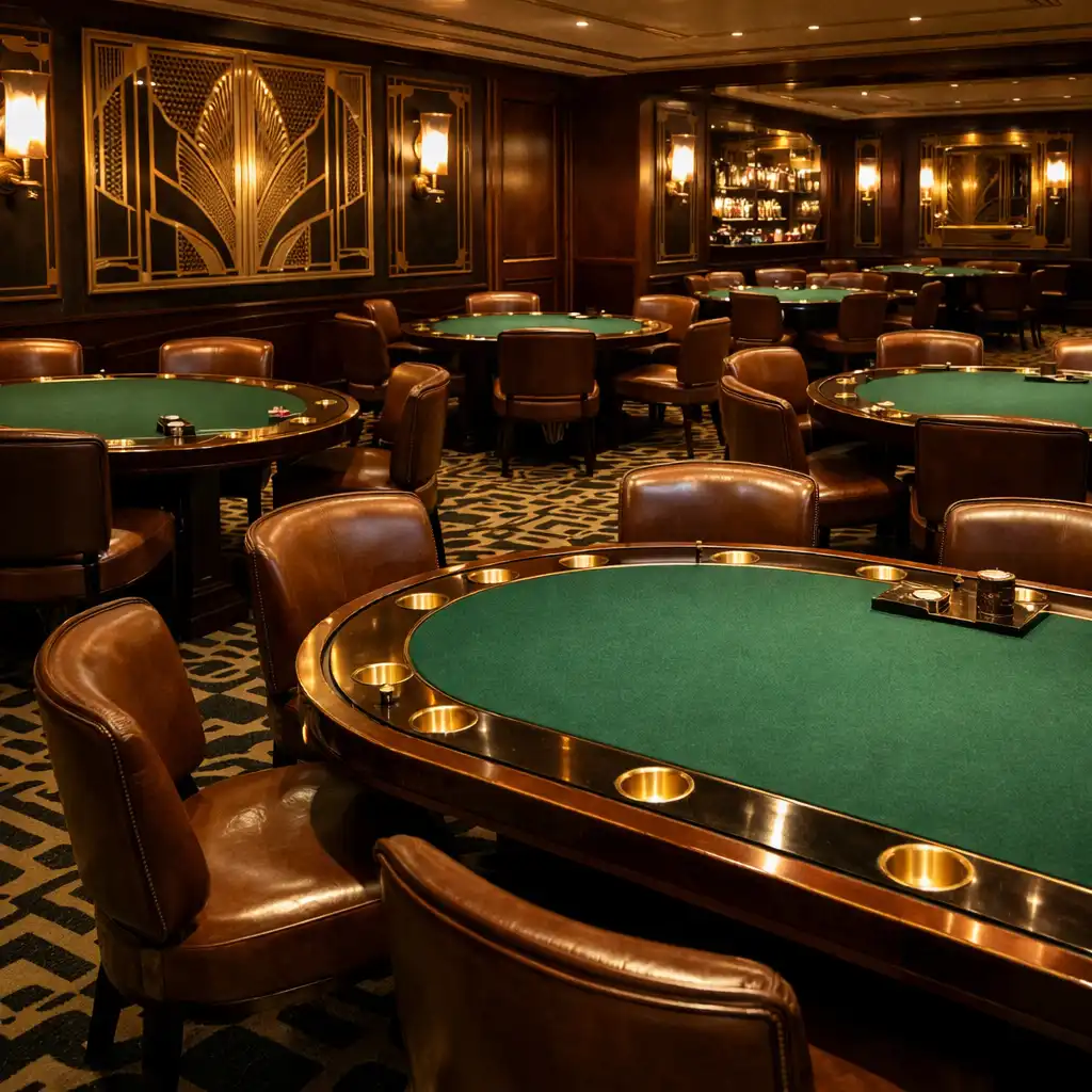 Interior of the Sorteeouro card lounge with multiple poker tables, brass accents, and geometric Art Deco decor
