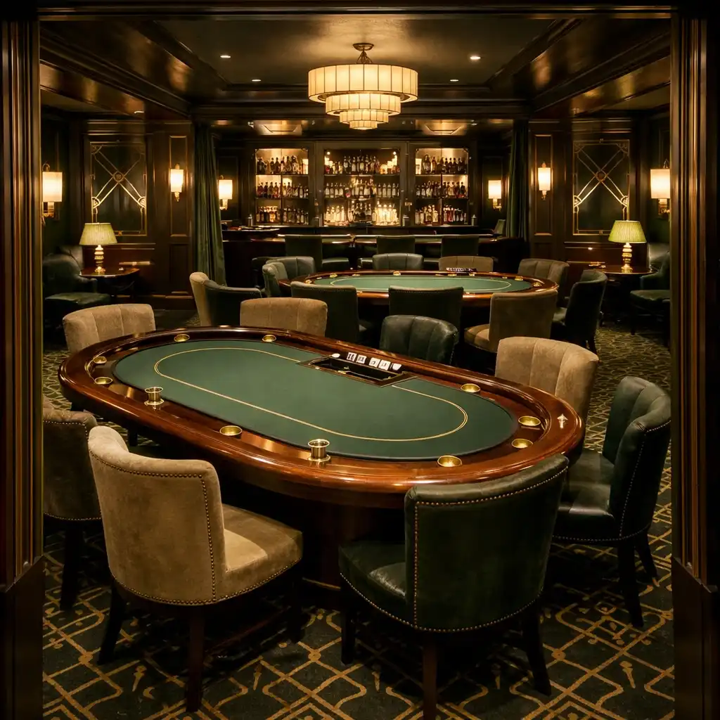 Intimate card lounge with custom poker tables and plush seating