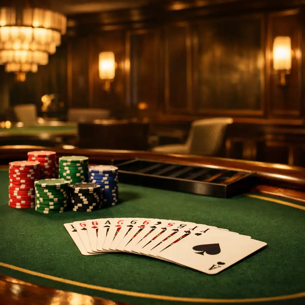 Sophisticated card lounge with a professional poker table, leather chairs, playing cards, and poker chips as physical table accessories
