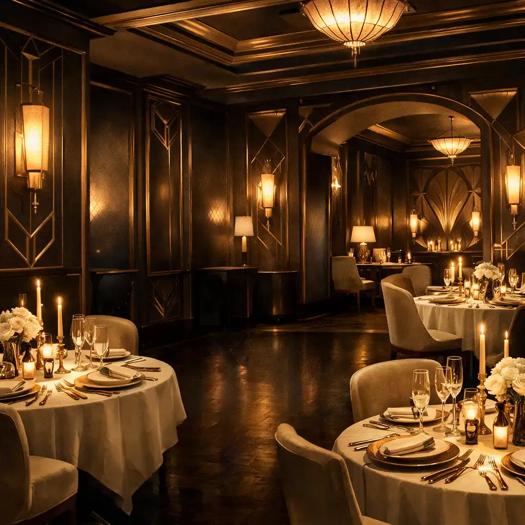 Elegant Art Deco dining room with symmetrical table settings and warm gold lighting