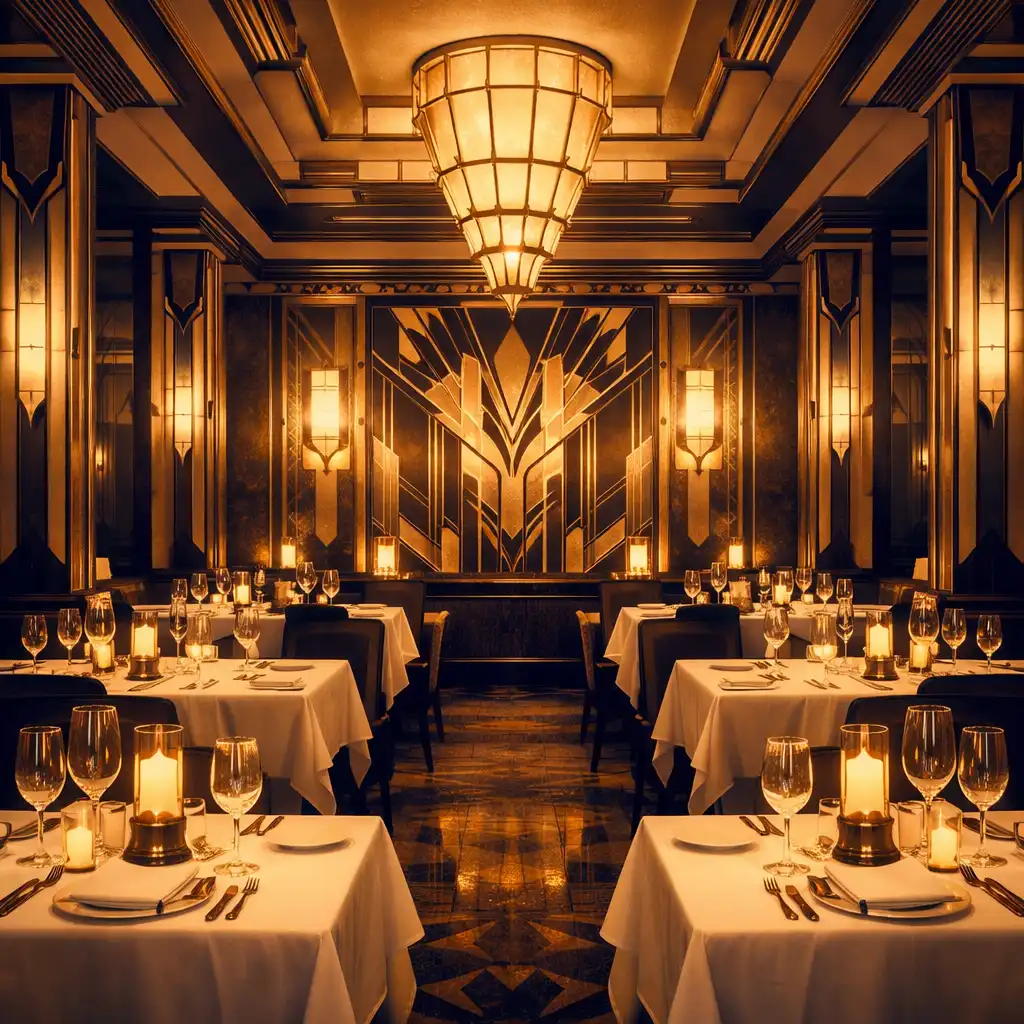 Elegant Art Deco dining room with symmetrical geometric patterns, gilded accents, and warm ambient lighting