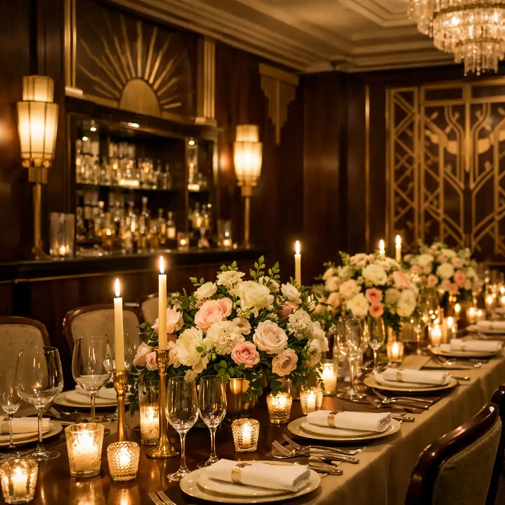 Decorated dining room for a private event with floral centerpieces and candles