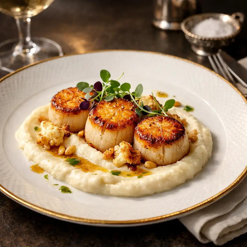 Plated signature dish of seared scallops with cauliflower purée