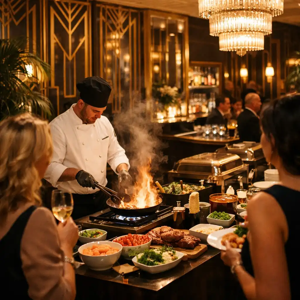 Live cooking station at a private event with a chef preparing food