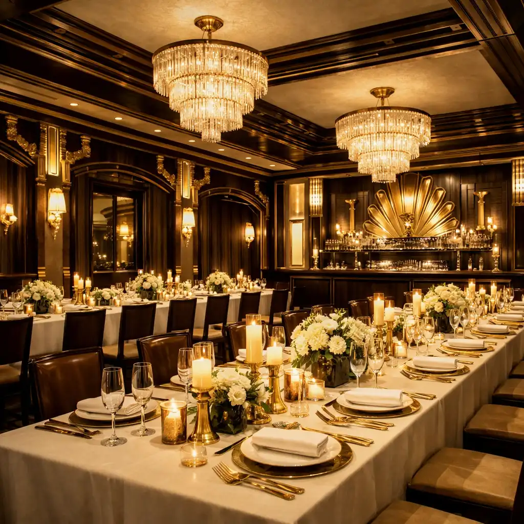 The Grand Dining Room set for a private event with long tables and Art Deco decor