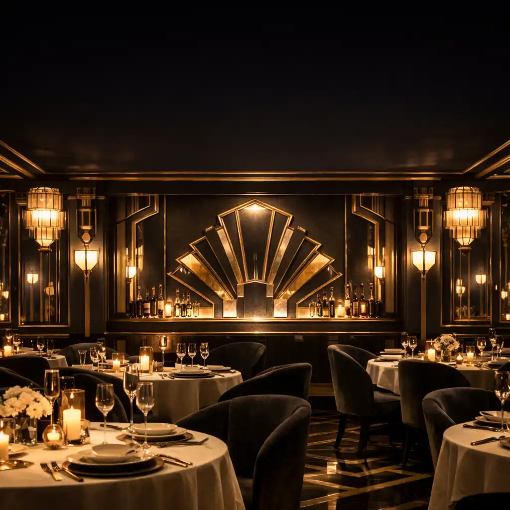Elegant Art Deco dining room at Sorteeouro with a long table set for dinner, plush chairs, and warm ambient lighting