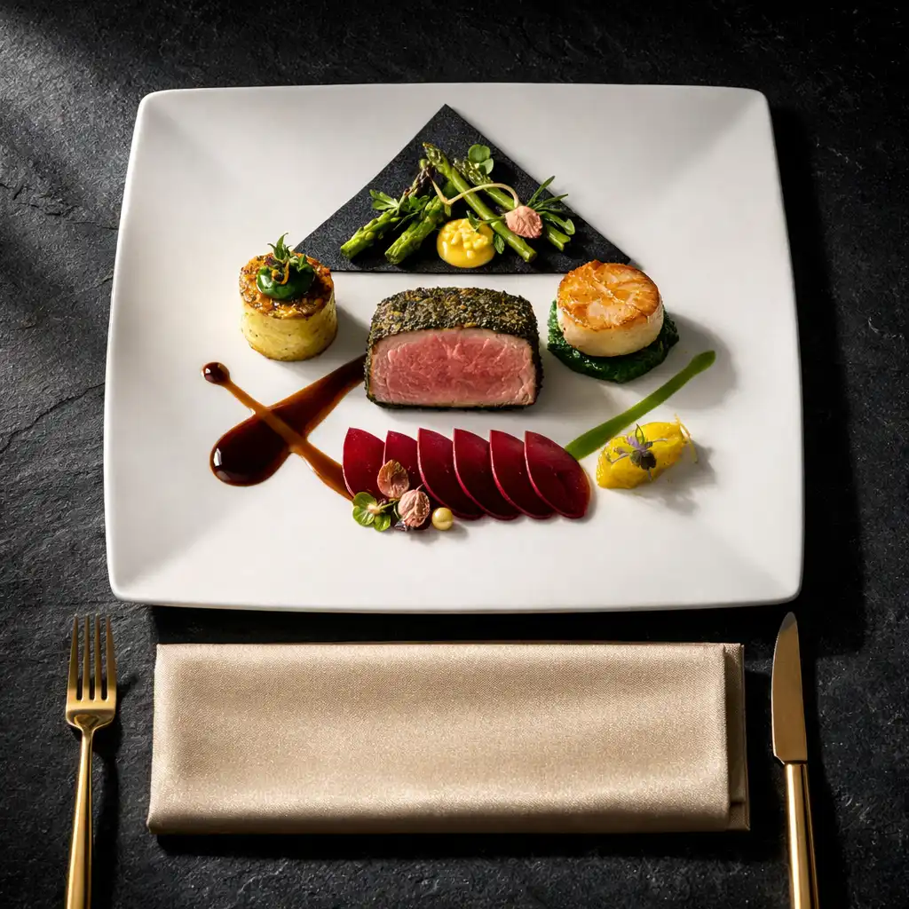 Elegant plated cuisine with seasonal Australian ingredients on dark slate