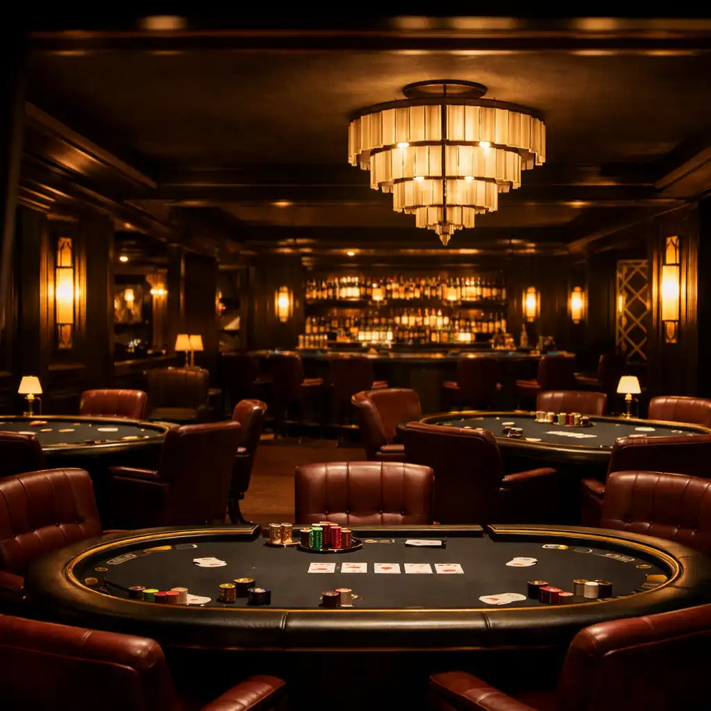 Sophisticated poker lounge with custom tables, leather chairs, and Art Deco lighting
