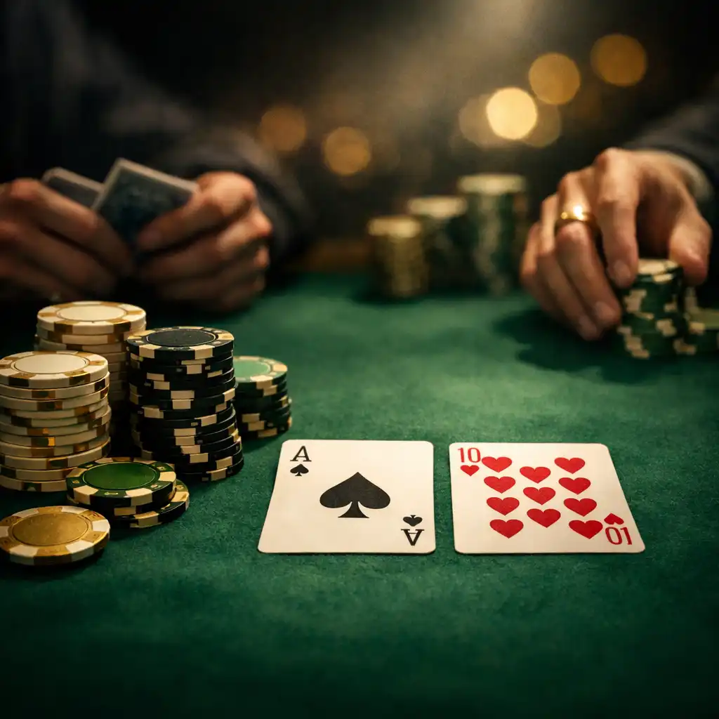 Close-up of a poker table with chips and cards during an evening game