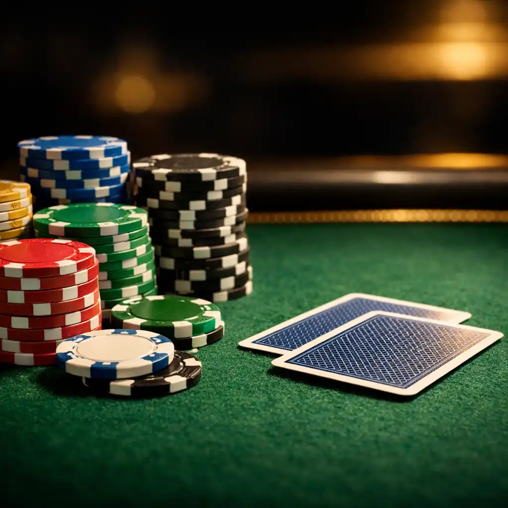 Close-up of a premium poker table with felt, chips as table accessories, and playing cards