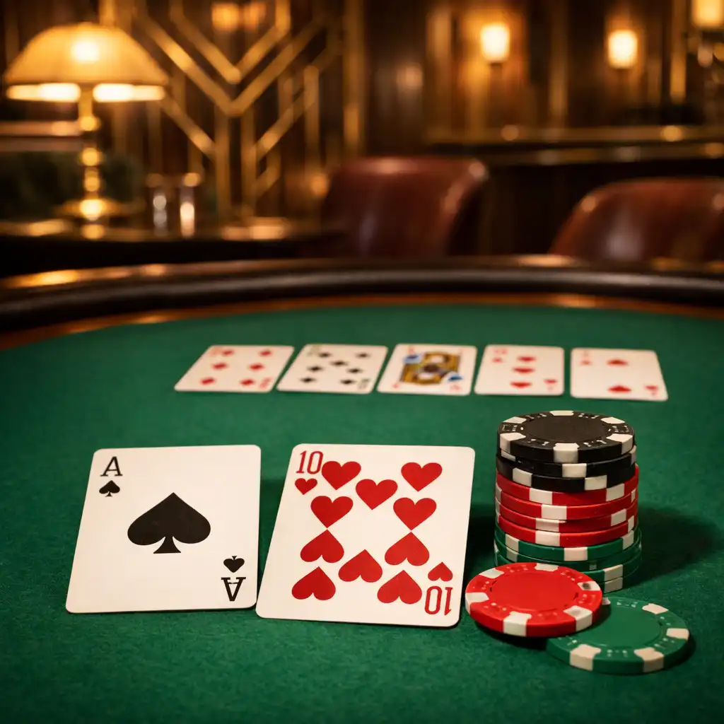 Professional poker table with neatly arranged cards and chips in an elegant Art Deco lounge