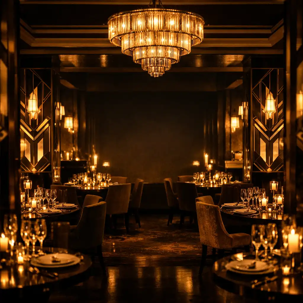 Art Deco dining room at Sorteeouro prepared for a private evening event
