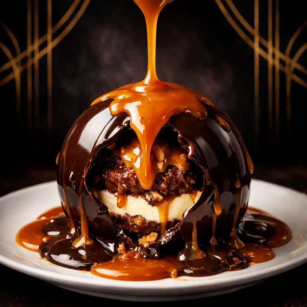 Dark chocolate sphere melting under warm caramel to reveal praline and cream