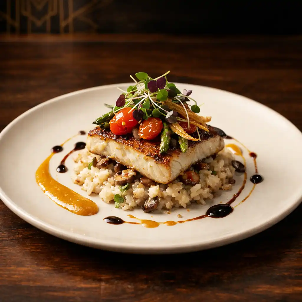 Slow-cooked lamb shoulder with native pepper glaze served on a dark ceramic plate with roasted root vegetables
