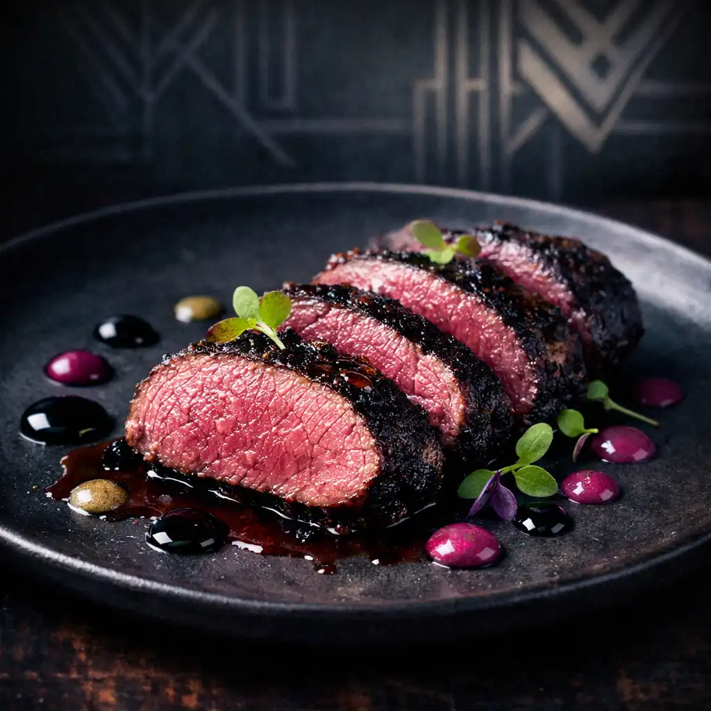 Charred kangaroo loin sliced to reveal a pink center, plated with sauce and microgreens