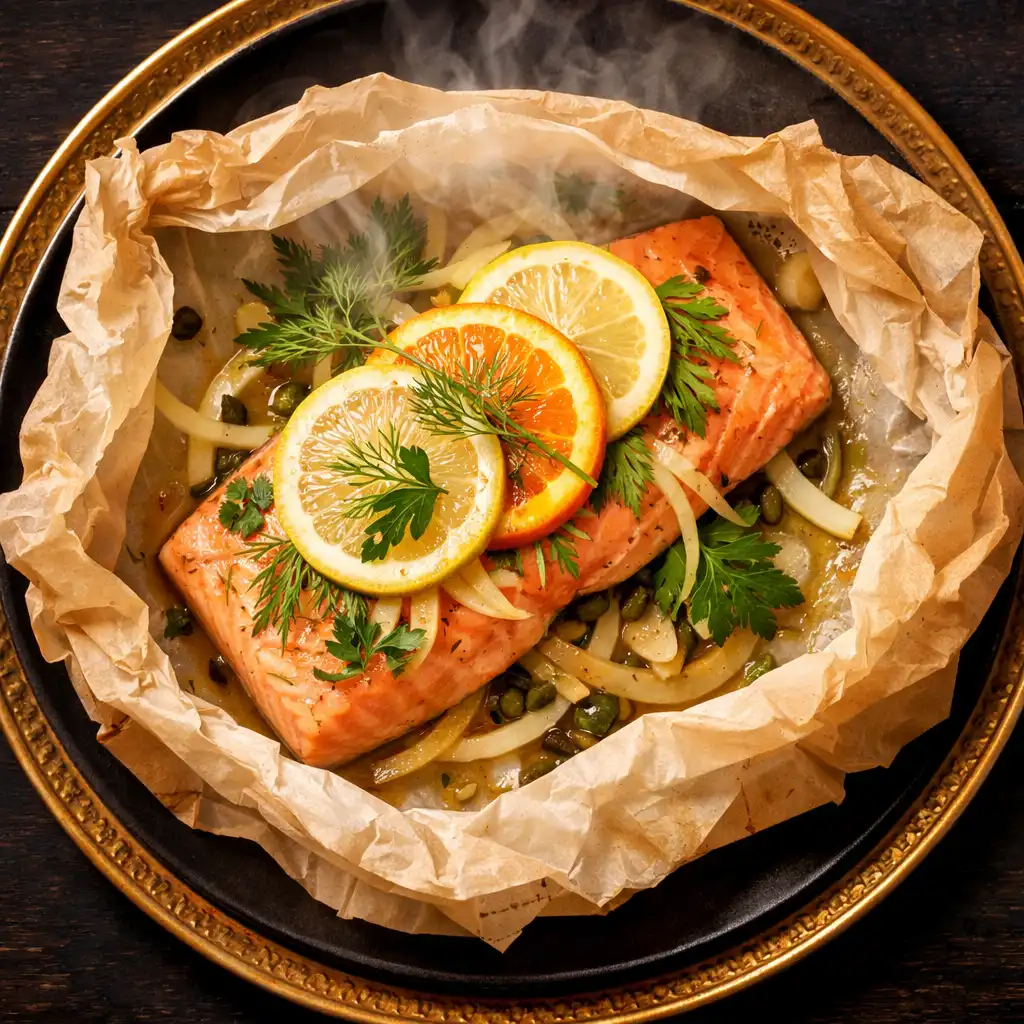 Tasmanian salmon en papillote opened tableside with citrus, fennel, and herbs